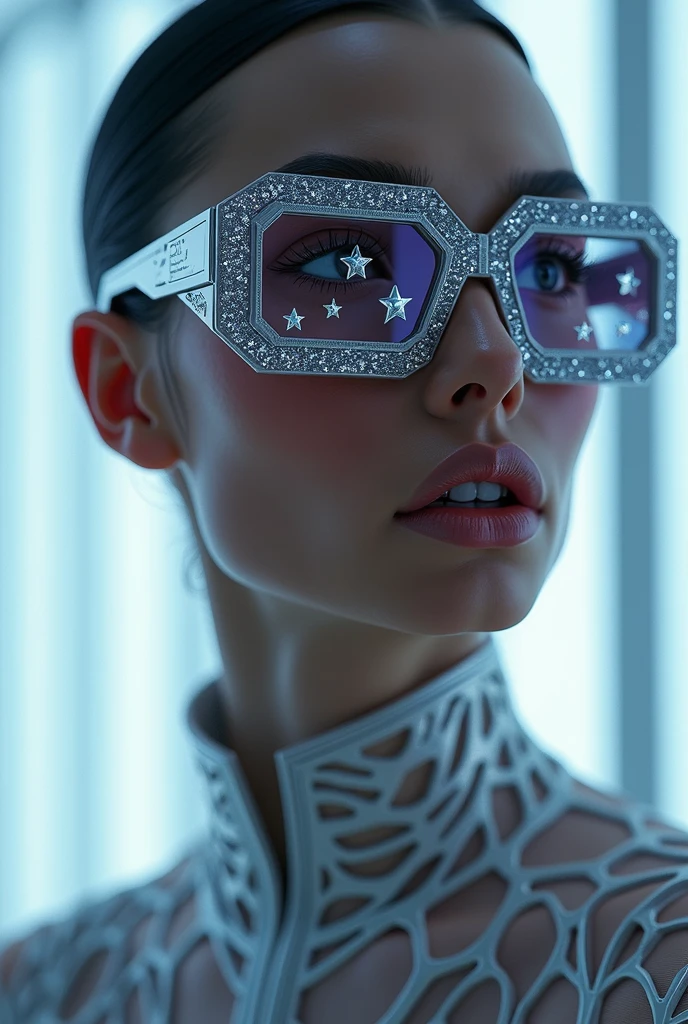 The model is wearing sunglasses with crystal stars on the glass..