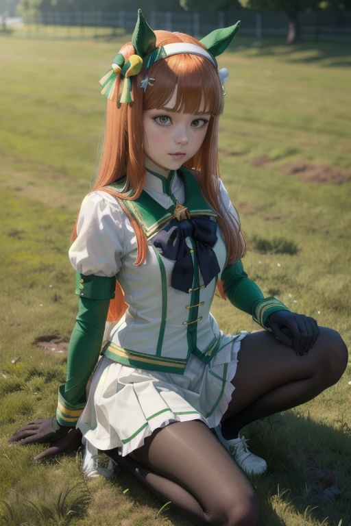 masterpiece, best quality, highres, (aasuzuka, long hair, animal ears, ear covers, white hairband, horse tail, green sailor collar, black bow, white shirt, layered sleeves, green sleeves, black gloves, white skirt, black pantyhose), shoes, kneeling with spread legs, grass,