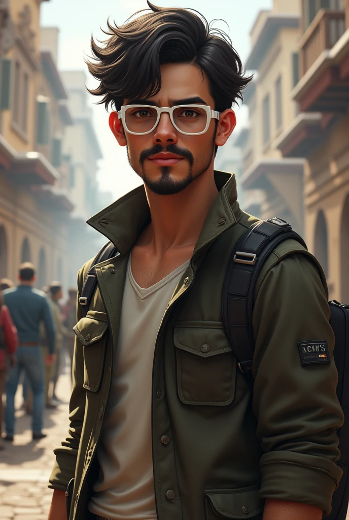 A character with history knowledge and future tec young with moustache and beard and white glasses and big muscles
