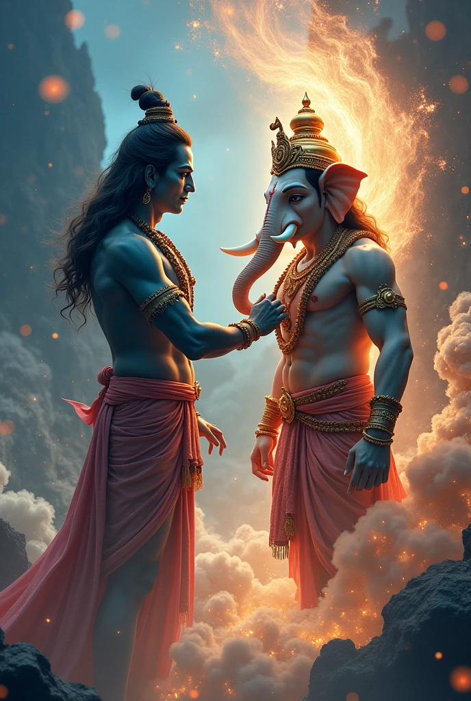 Lord Shiva also realized his mistake, and promised to revive Ganesha. After this, Lord Shiva revived Ganesha by attaching an elephant's head to him and gave him the status of "Lord of Ganas" i.e. "Ganapati".