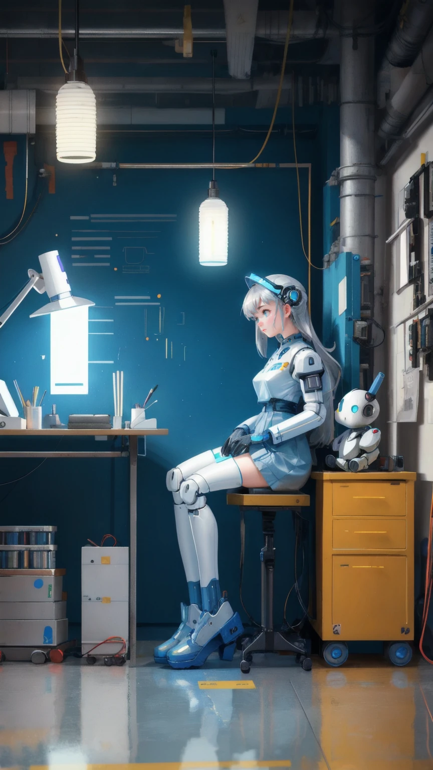 there is a cute beautiful girl that is sitting on a table with tape, robot photography, perfect composition, perfect digital art, perfect artwork, robot repair workshop, cybernetic future perfect, robot repair shop, perfect!!!, a still life of a robot, perfect, robotic feeling, scifi robot repair workshop, robot in construction, perfect photo, posing robotically, robot parts