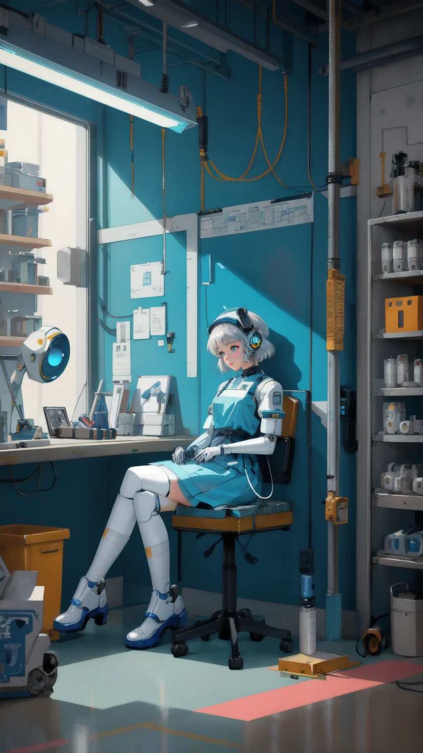 there is a cute beautiful girl that is sitting on a table with tape, robot photography, perfect composition, perfect digital art, perfect artwork, robot repair workshop, cybernetic future perfect, robot repair shop, perfect!!!, a still life of a robot, perfect, robotic feeling, scifi robot repair workshop, robot in construction, perfect photo, posing robotically, robot parts
