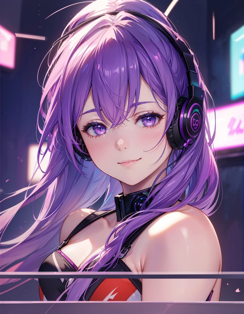 anime girl with headphones and purple hair in a city, anime style 4 k, best anime 4k konachan wallpaper, nightcore, anime wallpaper 4 k, anime wallpaper 4k, anime art wallpaper 4k, anime art wallpaper 4 k, anime art wallpaper 8 k, 4k anime wallpaper, seductive anime girl, detailed digital anime art, anime style. 8k
