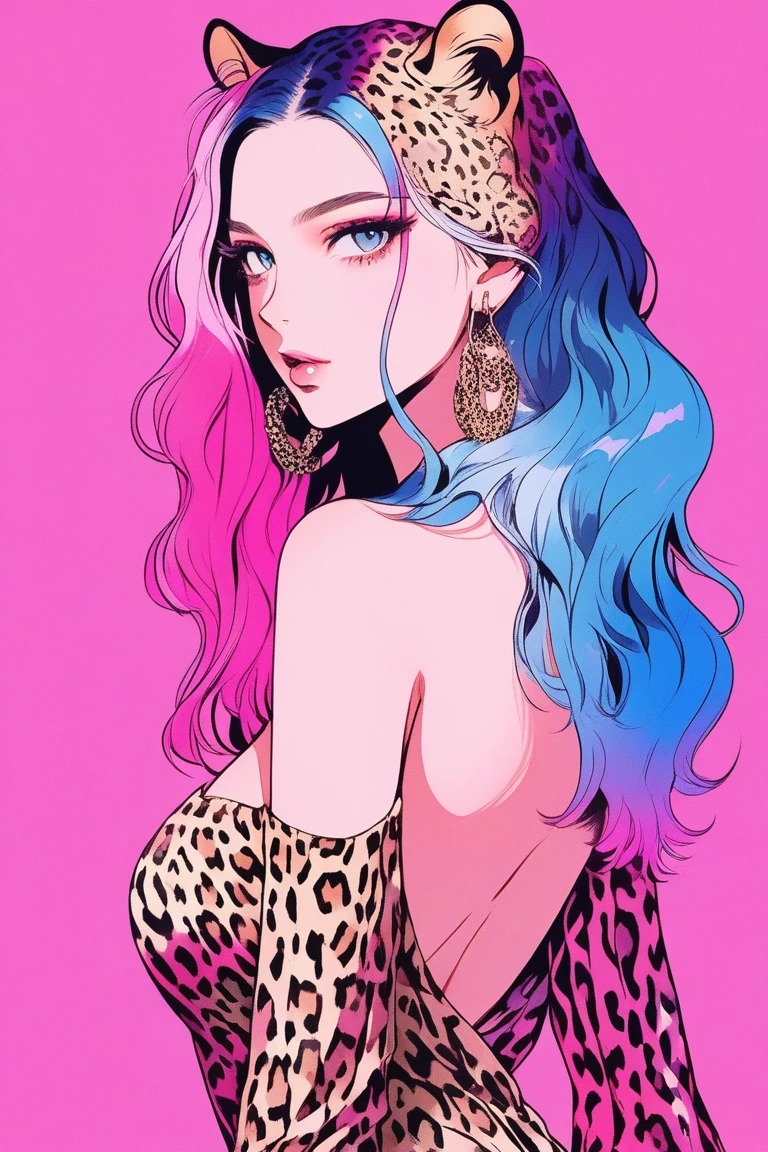 Illustrator, anime , Realistic ,sketch , 1 person, model, Age 25, lip, A sexy and revealing sheer leopard print wrap dress, order, Blue and pink gradient background, Neon Hair, Big Breasts, Her cleavage is visible, look back, whole body, Sexy look, Texture Trim, Russia, (masterpiece,Highest quality)