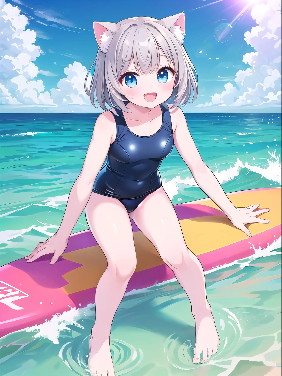 one-piece swimsuit, 1 girl, cute, (Ride a surfboard), barefoot, water, Ocean, Wave, (Gray Hair), Medium Hair, Cat ear, (smile:1.3), (Open your mouth:1.3), blue sky, clear, sun, ((Highest quality)), ((masterpiece)), (detailed), Perfect Face, Perfect Arms, Perfect hands, Perfect Fingers, anime, Ultra-fine illustration,