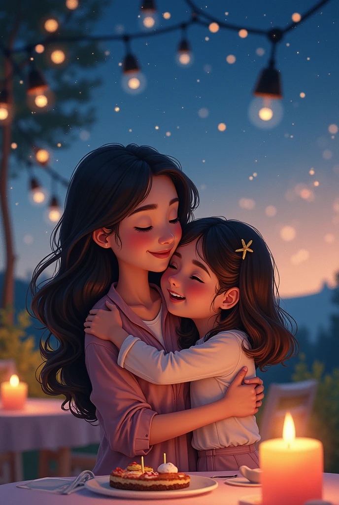 Create a WATERCOLOUR THEME about this story As the evening ended and the stars twinkled above, Vina hugged her mom and said, “Thank you for the best dessert party ever!”