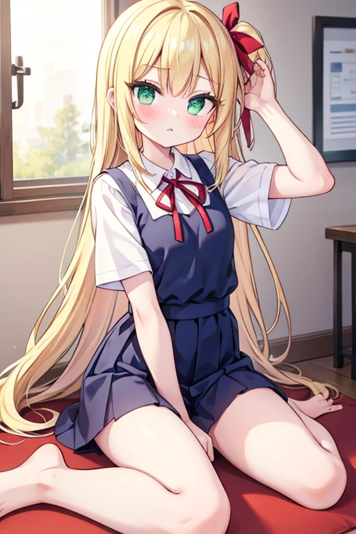 masterpiece, (score_9,score_8_superior,score_7_superior,score_6_superior), 1 person, Green Eyes, A little cheeky, skinny, tsurime, Asymmetrical bangs, Long Hair, (Blonde:1.3), Mess hair(1.8),Pouting, (school uniform), (White collared shirt, Plain Shirt, Short sleeve, Tucked in shirt:1), (Plain red thin neck ribbon:1.1), Barefoot, thigh, teeth, blush, Bad mood, avert your eyes, superiorから,Sit with your legs stretched out, play with your hair