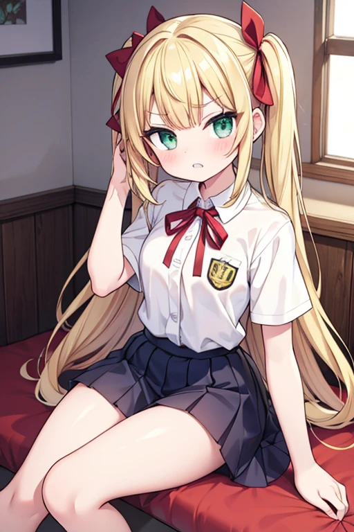 masterpiece, (score_9,score_8_superior,score_7_superior,score_6_superior), 1 person, Green Eyes, A little cheeky, skinny, tsurime, Asymmetrical bangs, Long Hair, (Blonde:1.3), Mess hair(1.8),Pouting, (school uniform), (White collared shirt, Plain Shirt, Short sleeve, Tucked in shirt:1), (Plain red thin neck ribbon:1.1), Barefoot, thigh, teeth, blush, Bad mood, avert your eyes, superiorから,Sit with your legs stretched out, play with your hair