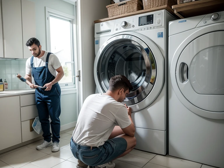 A laundry technician is in a luxurious laundry room of a house, squatting, checking a washing machine, pointing out the fault to a woman, the customer, who is standing, crouching and worried about the fault.