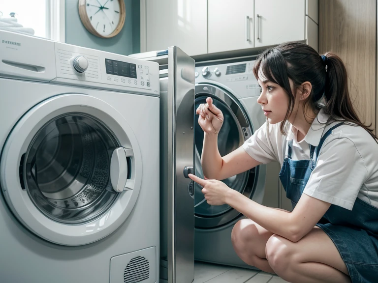 45 year old mother, mature, middle age  Chinese women standing and bend over to washing machine, little chubby ,wavy hair, upper body wearing a white colour short sleeveless T-shirt, white cotton panties on her lower body , washing machine, full body, show knees, picture side view, realistic photography, best quality, photo-realistic 8k, (best quality:1.1), masterpiece, (realistic:1.1), photo-realistic,