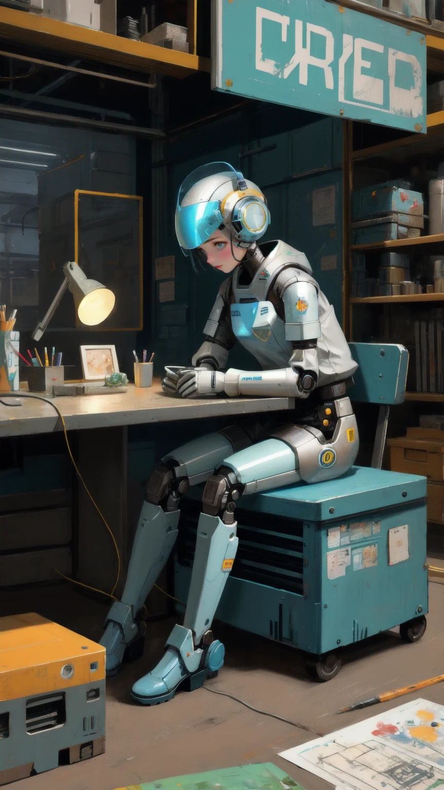 there is a robot cute girl that is sitting on a table with tape, a hyperrealistic painting inspired by Scott Listfield, tumblr, dada, robot photography, perfect composition, perfect digital art, perfect artwork, robot repair workshop, cybernetic future perfect, robot repair shop, perfect!!!, a still life of a robot, perfect, robotic feeling, scifi robot repair workshop the background is brown