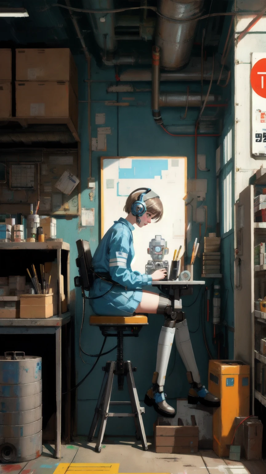 there is a robot cute girl that is sitting on a table with tape, a hyperrealistic painting inspired by Scott Listfield, tumblr, dada, robot photography, perfect composition, perfect digital art, perfect artwork, robot repair workshop, cybernetic future perfect, robot repair shop, perfect!!!, a still life of a robot, perfect, robotic feeling, scifi robot repair workshop the background is brown
