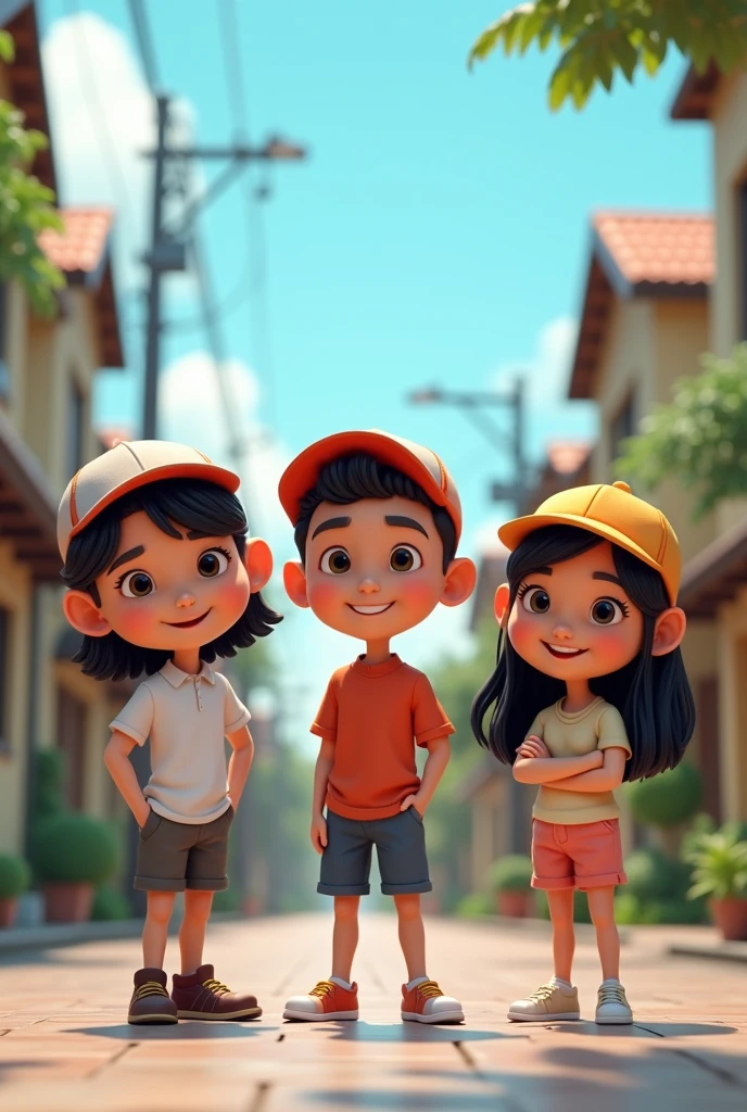 karikatur 3d ,Indonesian people ,standing ,the background of the residential street area ,wear a hat, shorts, shoes ,8k ,high quality focus ,Realistic