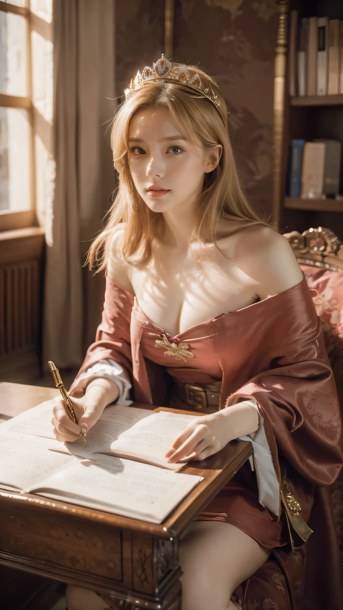 (Masterpiece: 1.2, Best Quality), Realistic, (Realistic Picture, Complex Details, Depth of Field), Best Quality, Masterpiece, Highly Detailed, Semi Realistic, 1 Girl, Mature Female, 2, Blond Hair, Shoulder length Short Hair, Left Eye Covered with Hair, Blue Eyes, King's Clothes, Red Cloak, Slim Figure, Crown Made of Precious Gold, Reading Documents, Marking Documents, Goose Hair Pen, Office Table, Soft Bench, Palace, In the palace, during the Middle Ages