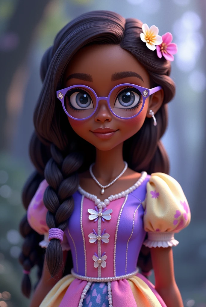 Imagem da filha da Cerise Hood e da Cedar Wood de Ever After High: One with dark skin, gray eyes, brown hair with white and light purple highlights with braids, round glasses, light purple dress, pink and white on top and yellow and blue on the bottom, leaf elements on clothing

