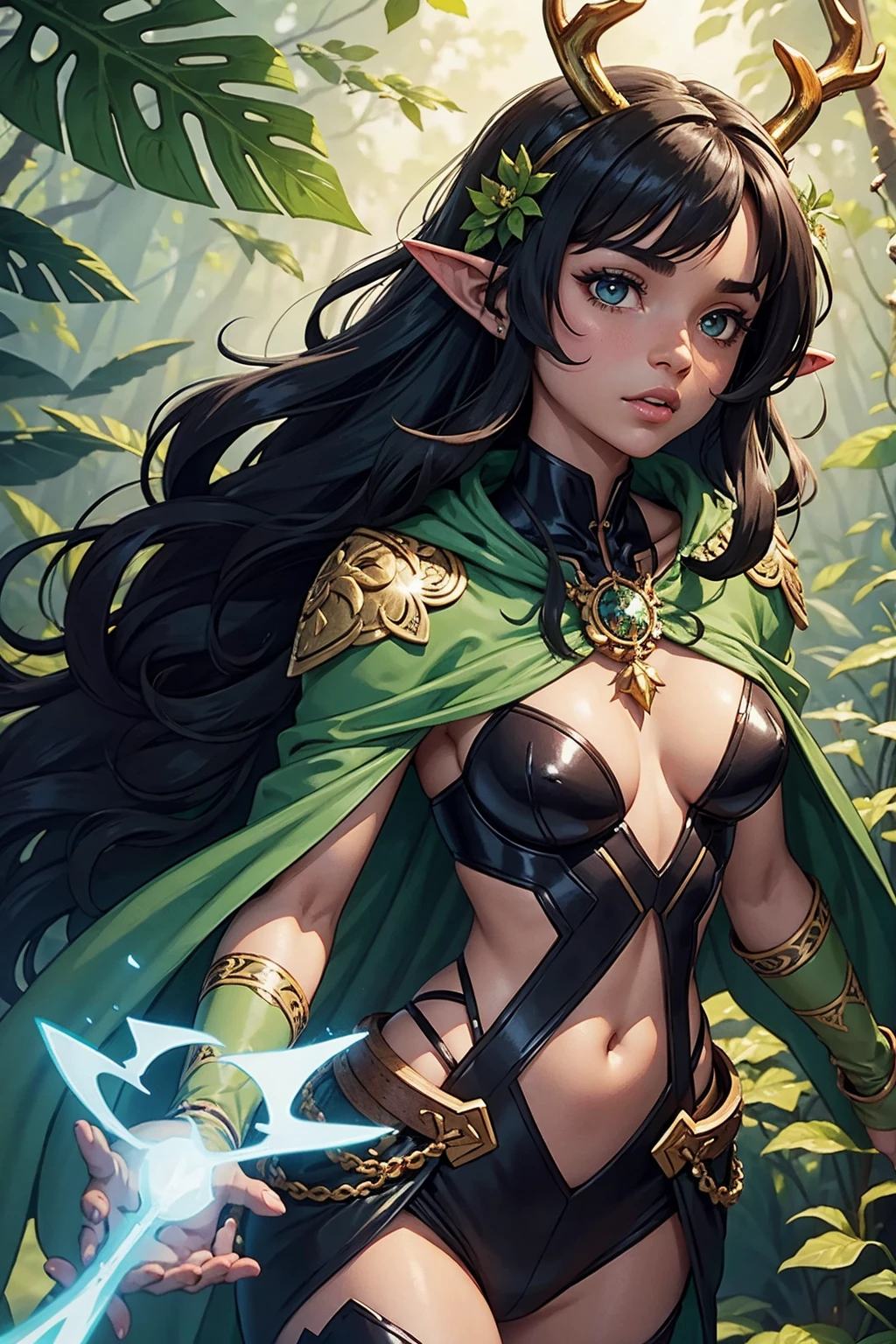 Jungle like environment. A young African-American Woman with a deep, rich brown skin tone. She short has leaf green curly hair & is wearing a form-fitting bodysuit with a deep neckline, exposing much of her chest area & slightly revealing mythic flowing Black-Purple-Green cloak with Golden Floral designs. She has Serious yet gentle gaze in her heterochrome eyes, with One eye being a deep green and the other being a light gold. She has long crystal blue antlers radiating Floral energy & a set of quaint elven ears. She has a small cute nose She is seen in a battle stance radiating a floral energy