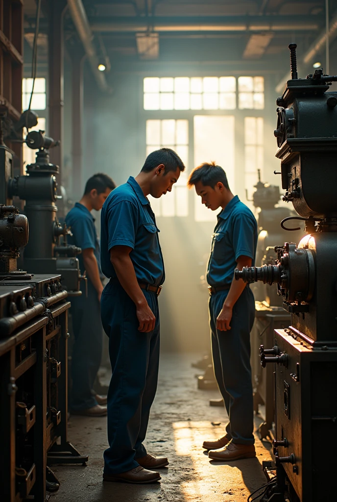 Sunlight shines into the old and simple workshop，There are many old equipment in the workshop.，A Chinese master worker in blue work clothes bends sideways，Instructing two Chinese workers to operate old machine tools，Production of auto parts，Working overtime。