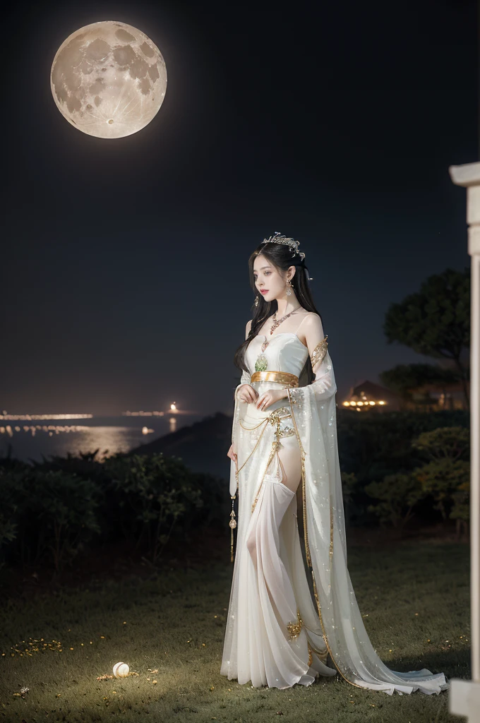 (((best quality))),(((ultra detailed))),(((masterpiece))),illustration,((1 beautiful girl,fairy,Chang'e,solo)),((earrings,necklace)),((slim,thin)),((small breasts,flat chest)),(magnificent white sheer Hanfu:1.3),(slender legs:1.2),(stockings:1.3),(a jade rabbit:1.5),((moon,Mid-Autumn Festival)),(standing:1.3),(on the moon:1.3),(in luxurious crystal palace:1.3),face bright,beautiful and moving,exquisite patterns,gold and silver threads,flowing skirt,charming,hair accessory,silver hairpin,gemstones,brilliance,luxurious decorations,gold and silver jewelry,transparent windows,crystal balls,gemstone towers,bright moonlight,mysterious and beautiful,enjoy,story of Chang'e,fairyland,(night scene:1.3),((from front,upper body))