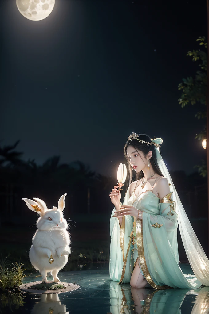 (((best quality))),(((ultra detailed))),(((masterpiece))),illustration,((1 beautiful girl,fairy,Chang'e,solo)),((earrings,necklace)),((slim,thin)),((small breasts,flat chest)),(magnificent white sheer Hanfu:1.3),(slender legs:1.2),(stockings:1.3),(a jade rabbit:1.5),((moon,Mid-Autumn Festival)),(standing:1.3),(on the moon:1.3),(in luxurious crystal palace:1.3),face bright,beautiful and moving,exquisite patterns,gold and silver threads,flowing skirt,charming,hair accessory,silver hairpin,gemstones,brilliance,luxurious decorations,gold and silver jewelry,transparent windows,crystal balls,gemstone towers,bright moonlight,mysterious and beautiful,enjoy,story of Chang'e,fairyland,(night scene:1.3),((from front,upper body))