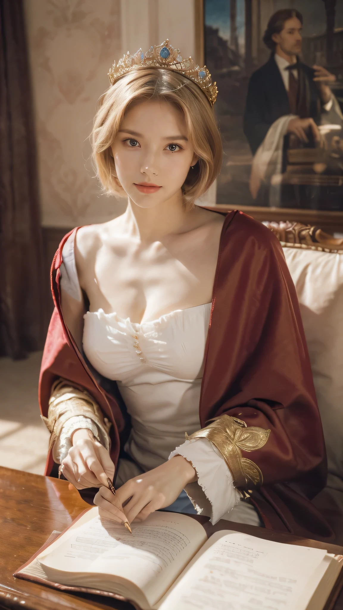(Masterpiece: 1.2, Best Quality), Realistic, (Realistic Picture, Complex Details, Depth of Field), Best Quality, Masterpiece, Highly Detailed, Semi Realistic, 1 Girl, Mature Female, 2, Blond Hair, Shoulder length Short Hair, Left Eye Covered with Hair, Blue Eyes, King's Clothes, Red Cloak, Slim Figure, Crown Made of Precious Gold, Reading Documents, Marking Documents, Goose Hair Pen, Office Table, Soft Bench, Palace, In the palace, during the Middle Ages