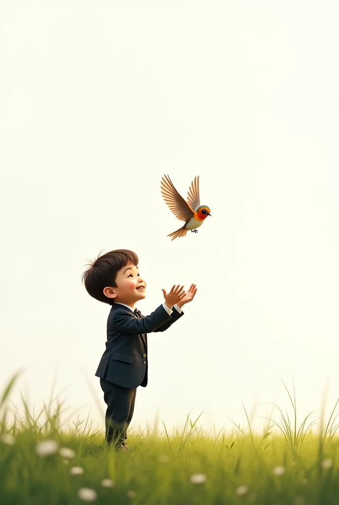 white background,best quality, smart boy,wearing smart suit,standing on grass,raising his hands to the little bird,cute beautiful little bird flying,cute boy smiling