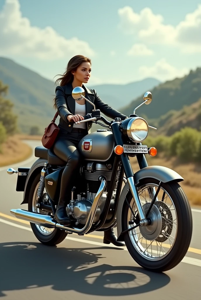 royal Enfield  
bullet bike with a priti girl with black and gray color


