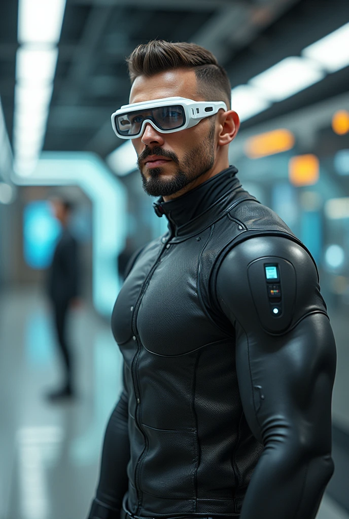A character with future tec young with moustache and beard and white glasses and big muscles