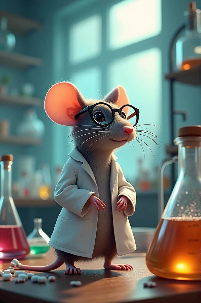 Testubes and conical flasks with tablets and syrups with a rat wearing labcoat and lab glasses