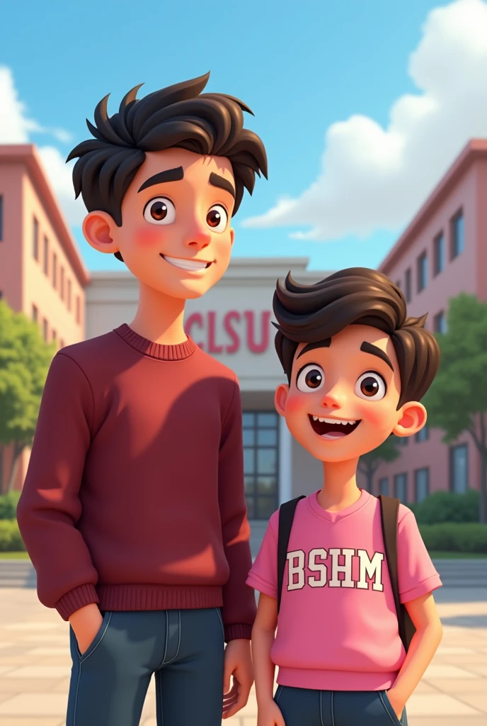 Make a two animated cute boy standing, the one is wearing maroon BSIT on his shirt (taller boy) and the one is wearing pink shirt with BSHM letters on the shirt. The background is in front of their university with the name of their school Central Luzon state university (CLSU)