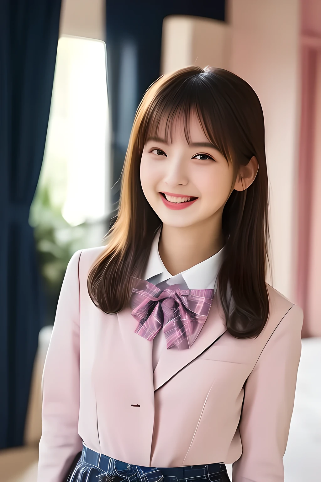 (highest quality, masterpiece, high resolution:1.2), 4K, (Photo quality well detailed white white white face: 1.2), geometry, (16 yo cute girly Japanese sensitive weak girl with very detailed graceful cute smiling face is turning to me and looking at me: 1.5), Laughing cutely, (Japanese school girly navy-colored blazer uniform: 1.4), (blue dark blue blue expensive pleated checkered school skirt inside the blazer: 1.6), (big sharp breast: 1.3), (Dark red glossy school ribbon on the breast: 1.0), (Extremely laughing cheeks: 1.0), (Beautiful pretty large laughing cute cute cute childish childish laughing cutely laughing eyes with detailed and balanced well: 1.4), (Double eyelids: 1.0), (Long bottom eyelashes: 1.2), (Glossy very wet lips: 1.0), (Super-straight hair, extremely very long hair which reaches her waist: 1.3), (In a bright girly room with pink expensive bed, pink curtains and with pink cute heart marks wallpapers: 1.4)