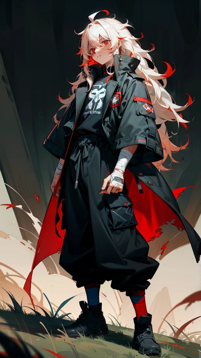 1male, tan skin, red highlighted hair, black and white hair, messy hair, wavy hair, red eyes, expressionless, (dark blue oversized coat), black cargo pants, black undershirt, bandaged clothing, grassland background, standing on path, hands to side, hands down