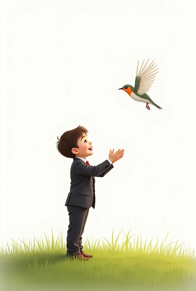 white background,best quality,little smart boy,wearing smart suit,standing on grass,raising his hands to the little bird,cute beautiful little bird flying,cute boy smiling