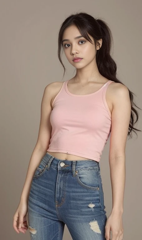 
（lifelike， high - resolution：1.3）， 1 hot indian girl with a perfect body， Super fine face and eyes，slong hair, hair tied up, pink hair, Tank top of random colors：1.2， short jeans, standing，full body