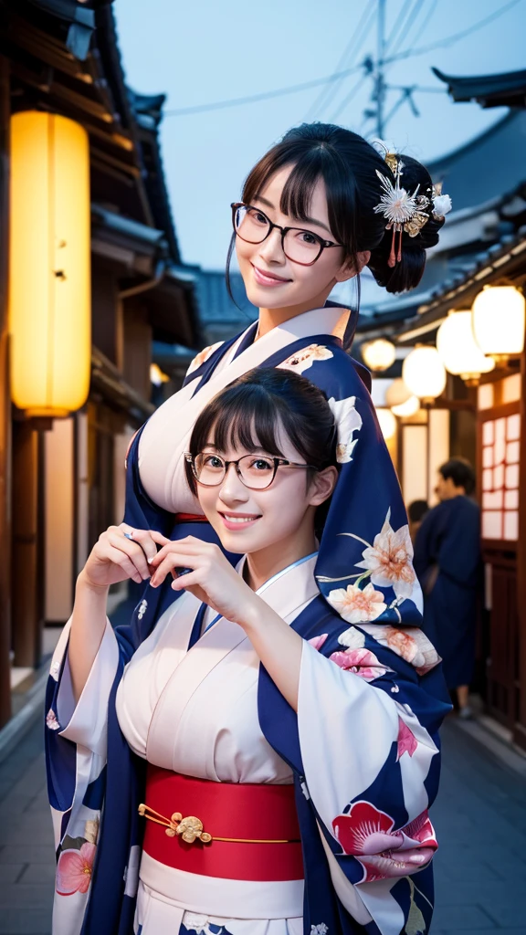 (Super beautiful woman in kimono)、((highest quality、8K masterpiece:1.3))、sharp focus:1.2、(super beautiful face:1.0)、(shiny skin:1.0)、realistic pictures、black hair、video lighting、High resolution eyes and face、video lighting、japanese actress、from the front、big breasts、with a happy smile、Slender abs beauty、whole body、wearing a kimono、in Kyoto、(((luxury obi)))、In Kyoto at night、wearing glasses with no edge、with a fan、Fireworks Display