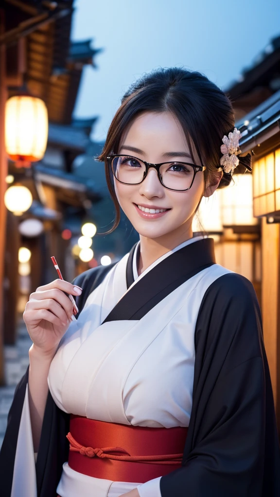 (Super beautiful woman in kimono)、((highest quality、8K masterpiece:1.3))、sharp focus:1.2、(super beautiful face:1.0)、(shiny skin:1.0)、realistic pictures、black hair、video lighting、High resolution eyes and face、video lighting、japanese actress、from the front、big breasts、with a happy smile、Slender abs beauty、whole body、wearing a kimono、in Kyoto、(((luxury obi)))、In Kyoto at night、wearing glasses with no edge、with a fan、Fireworks Display