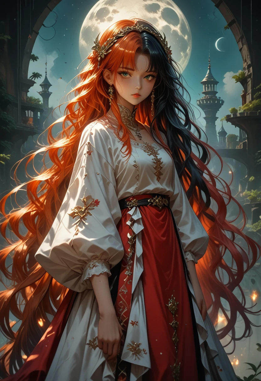 Anime Girl 1, Very long hair, spl1th41r, two tone hair Красно Черного Цвета, Picture in the air Girl, Shown in Full Height, all in chains, Wrapped in splinters, sexy, makeup, The face is beautiful. It is visible., Wide Format Painting, masterpiece, Maximum Detail, The background is colorful, dark colors, Darkened, The moon is shining( Green Light), score_9,score_8_up,score_7_up,masterpiece,best quality,8k,dramatic lighting,cold colors, Wallpaper of the Highest Quality, fantasy