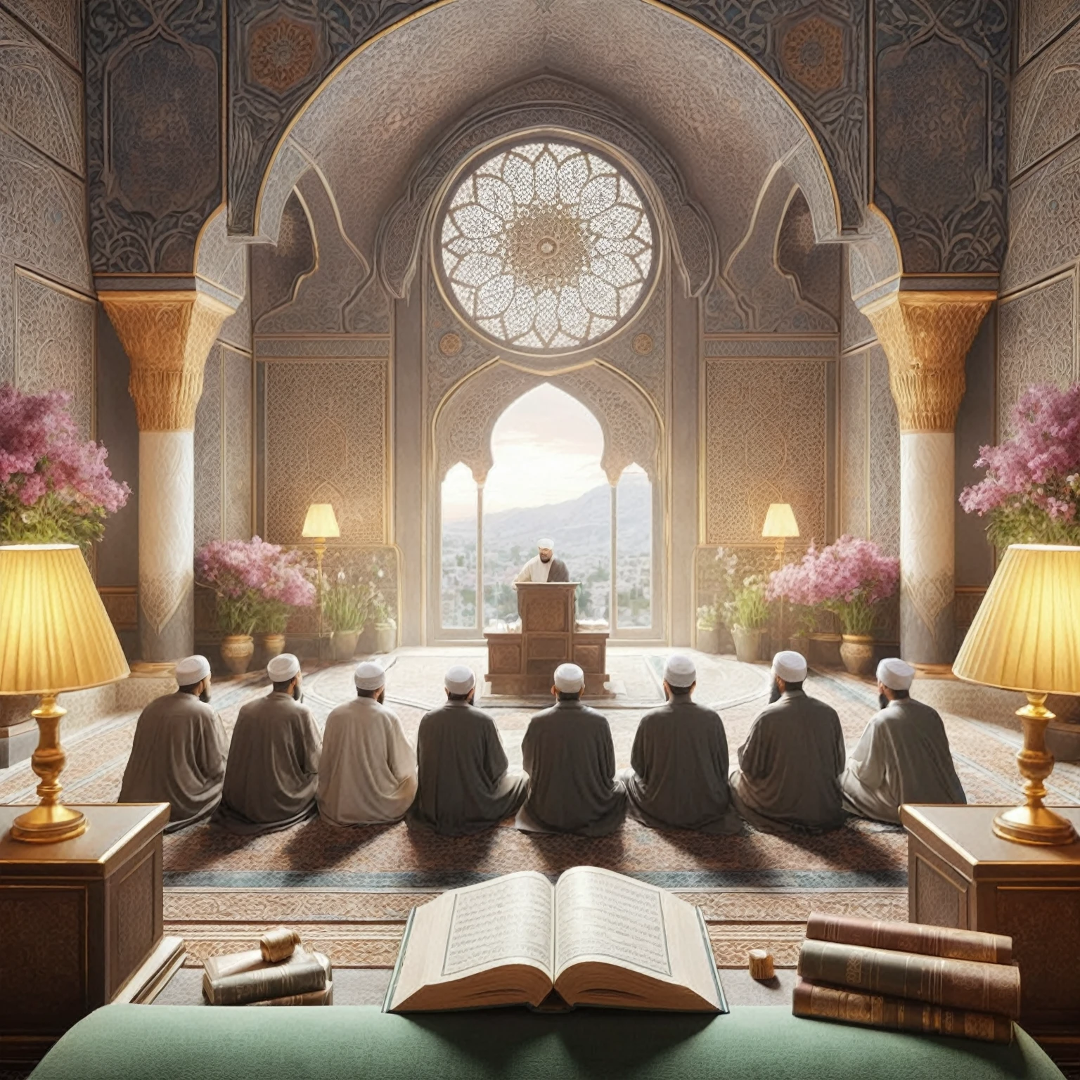 arafed view of a group of people sitting in a room with a book, a picture of friday islamic sermon uHd photorealistic, islamic interior design, cyberpunk mosque interior, immaculately detailed, inspired by Kerembeyit, mosque interior, realistic fantasy render, beautiful depiction, 3 d render and matte painting, realistic scene, with beautiful mosques, sufism, by Alexander Kucharsky