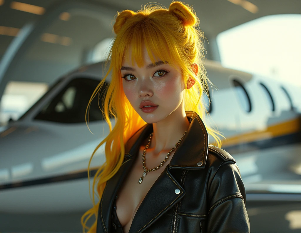 a young asian girl with yellow hair dressed sexy with a jacket but not too tight who is in her jet