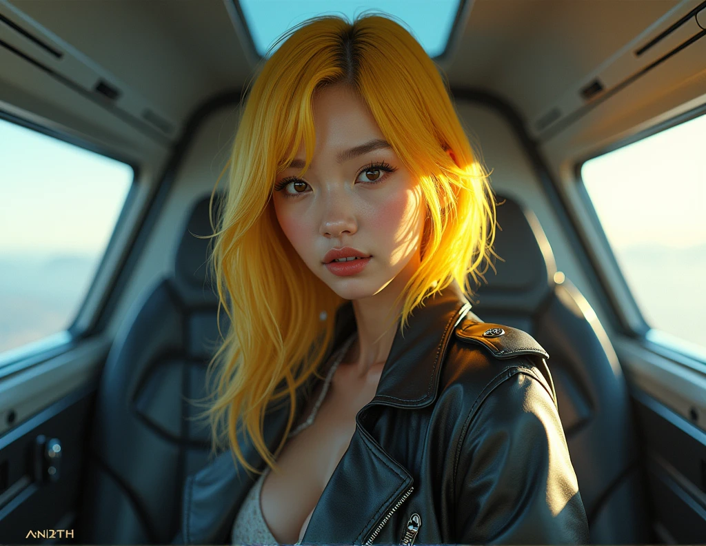 a young asian girl with yellow hair dressed sexy with a jacket but not too tight who is in her jet