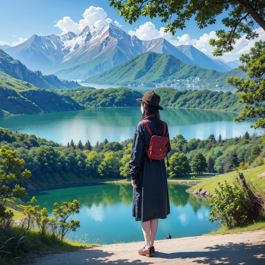 lake、People in the distance、Mountain