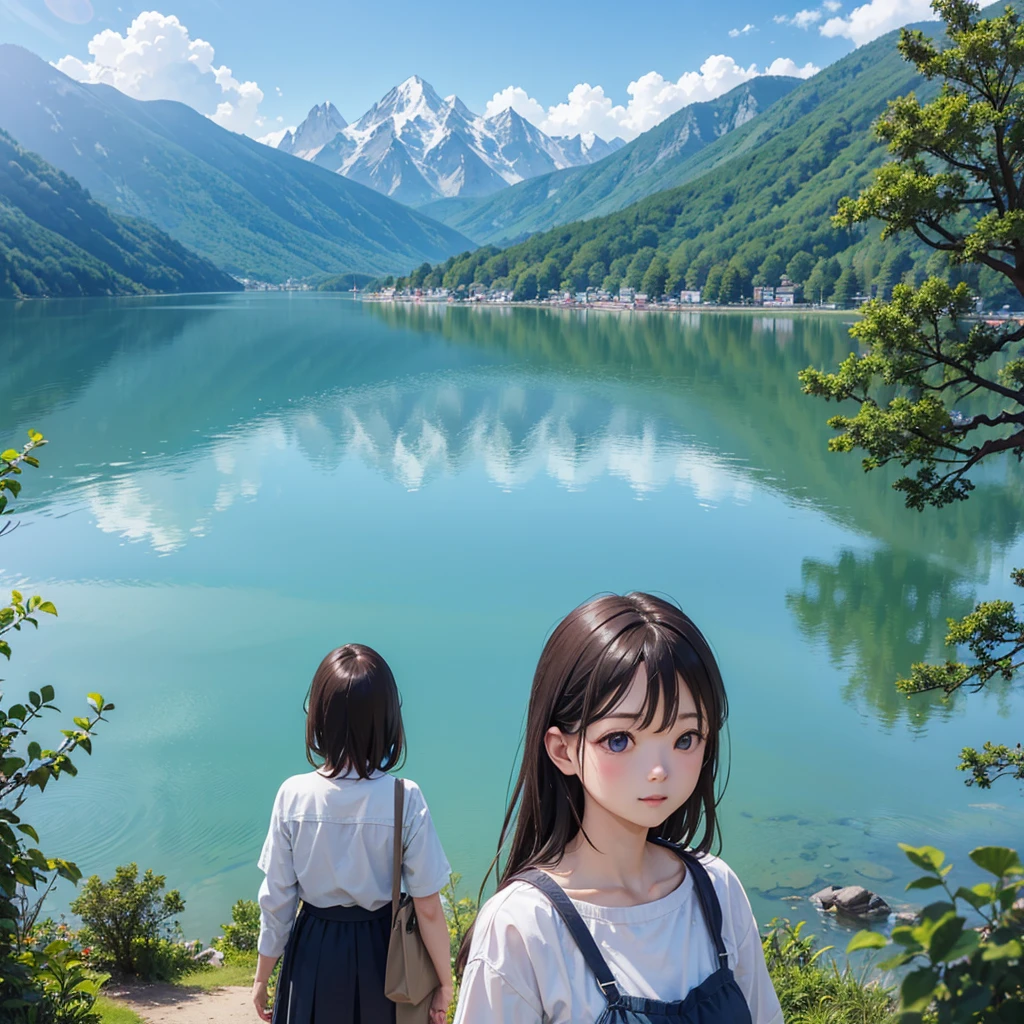 lake、People in the distance、Mountain