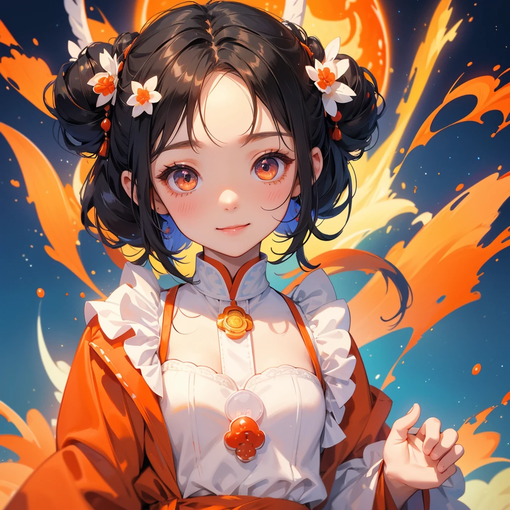 A chibi child girl had a small face and Wearing white little Taoist priest's outfit. A pair of big round eyes shone with curiosity about him. This child was so cute, Background is a volcano, lava erupting orange
her hair is black with two buns on her hair.small chibi, chibi baby, smiling ,Chibi.