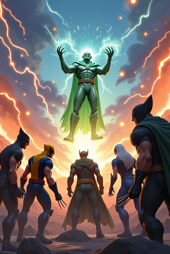 "Imagine an epic battle scene set in the Fortnite universe. On one side, we have the X-Men, including Wolverine, Storm, Cyclops and Jean Grey, using their signature mutant abilities. They are in the middle of an intense battle, surrounded by signature Fortnite constructs like ramps and walls. On the other side, Doctor Doom, in his iconic green armor and iron mask, is casting powerful spells against the X-Men. The sky is filled with energy, with explosions and energy bolts zipping through the air, while the characters use special Fortnite weapons and abilities like fast builds and healing items. The scene is action-packed, with all the characters moving quickly and using their surroundings to their advantage in battle."
