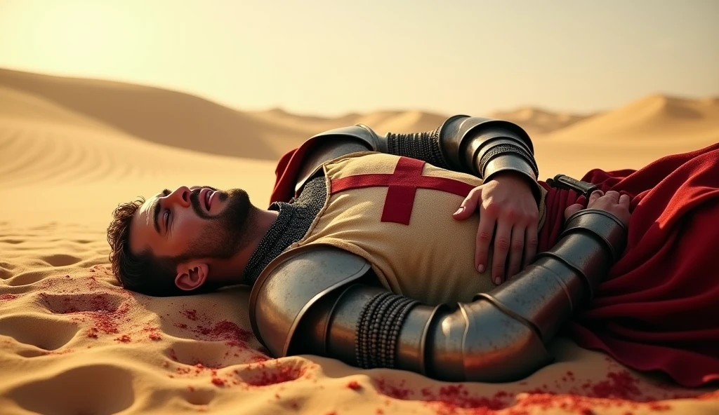 A highly realistic, high-contrast, 8K HD, detailed, hyper-detailed image of a Crusader knight clad in steel armor with a red cross on his tunic, lying in the desert, clutching his stomach in pain after being defeated. The knight's face is contorted in agony, sweat mixing with the dust on his skin as he struggles to endure the pain. The harsh desert sun beats down, casting long shadows over the scene, while the sand beneath him is stained with blood. The desolate desert landscape stretches out endlessly, with distant dunes barely visible through the heat haze. The atmosphere is heavy with the weight of defeat and suffering, as the knight fights to stay conscious in the unforgiving environment. The image is of the highest quality, with ultra-high resolution, RAW photo quality, and Unreal Engine rendering, capturing the poignant and tragic moment of the knight's struggle in the harsh desert.