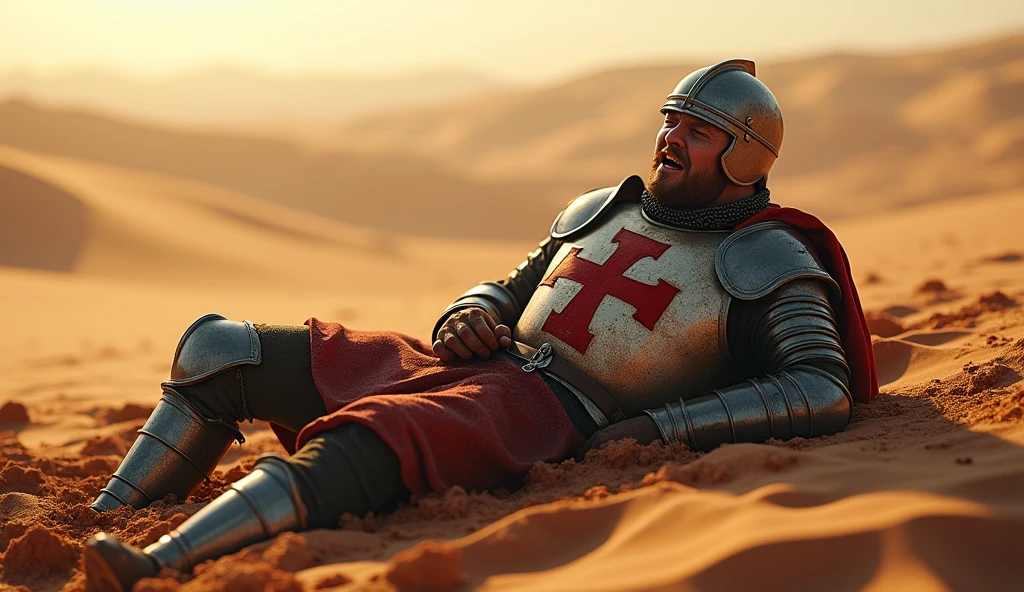 A highly realistic, high-contrast, 8K HD, detailed, hyper-detailed image of a Crusader knight clad in steel armor with a red cross on his tunic, lying in the desert, clutching his stomach in pain after being defeated. The knight's face is contorted in agony, sweat mixing with the dust on his skin as he struggles to endure the pain. The harsh desert sun beats down, casting long shadows over the scene, while the sand beneath him is stained with blood. The desolate desert landscape stretches out endlessly, with distant dunes barely visible through the heat haze. The atmosphere is heavy with the weight of defeat and suffering, as the knight fights to stay conscious in the unforgiving environment. The image is of the highest quality, with ultra-high resolution, RAW photo quality, and Unreal Engine rendering, capturing the poignant and tragic moment of the knight's struggle in the harsh desert.