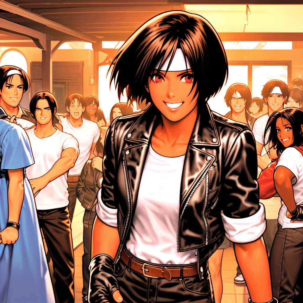 Number of people,Female,(hand on stomach laughing),big smile,standing up,short hair,black hair,dark skin,red eyes, ((black leather jacket with rolled up arms)),fingerless gloves,white t-shirt, ((white headband)),black pants,white shoes,brown belt,cute,indoor party,charm points ocean view,slightly large chest,outdoors,high quality,good looking,confident smile,hanging out with friends on terrace,vibrant atmosphere,