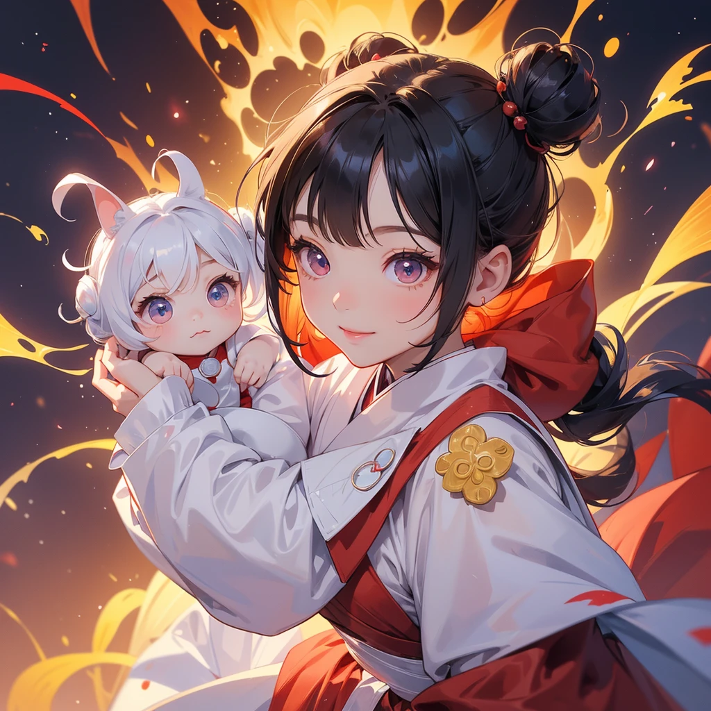 A chibi child girl had a small face and Wearing white little Taoist priest's outfit. A pair of big round eyes shone with curiosity about him. This child was so cute, Background is a volcano, lava erupting red
her hair is black with two buns on her hair.small chibi, chibi baby, smiling ,Chibi.