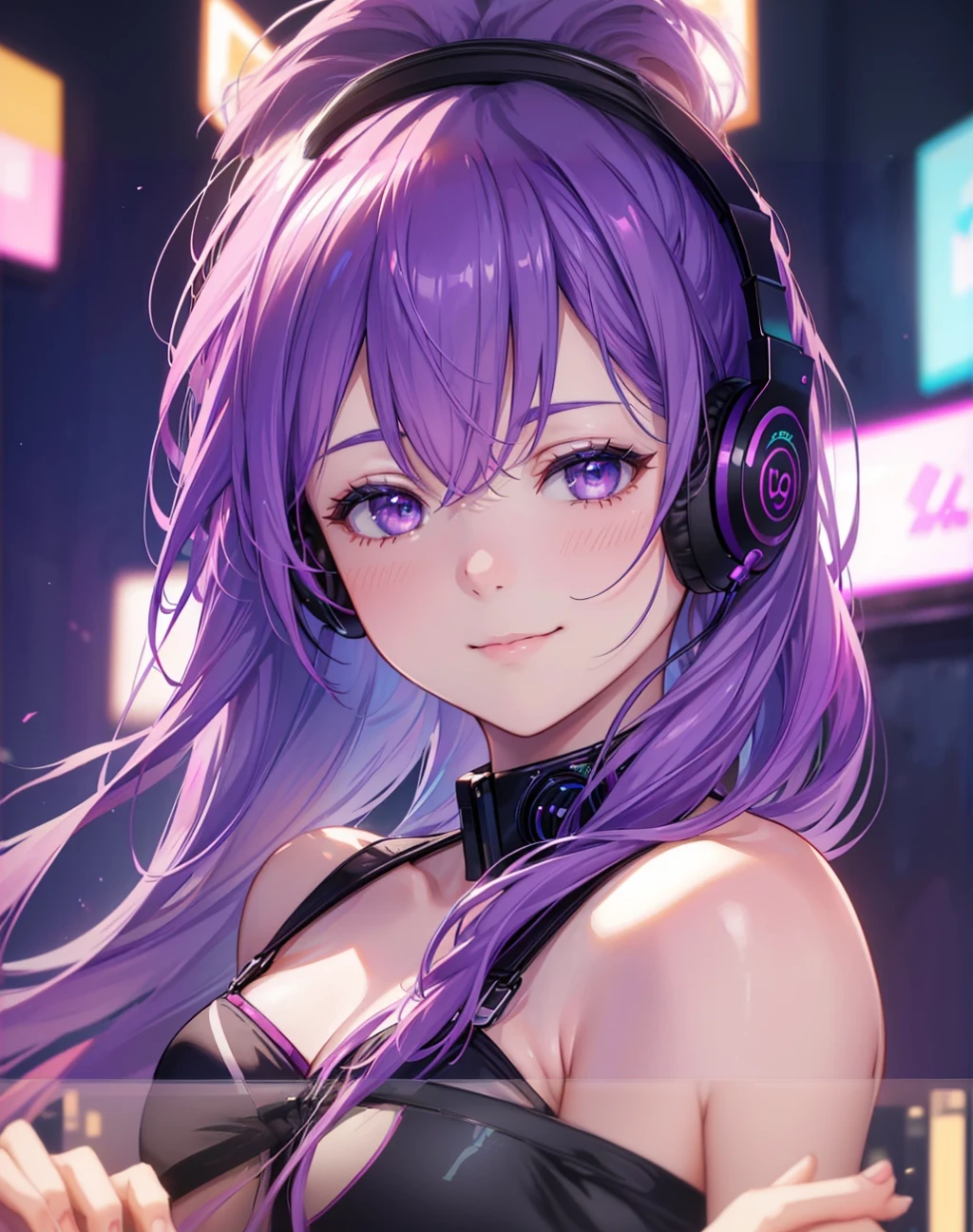 anime girl with headphones and purple hair in a city, anime style 4 k, best anime 4k konachan wallpaper, nightcore, anime wallpaper 4 k, anime wallpaper 4k, anime art wallpaper 4k, anime art wallpaper 4 k, anime art wallpaper 8 k, 4k anime wallpaper, seductive anime girl, detailed digital anime art, anime style. 8k