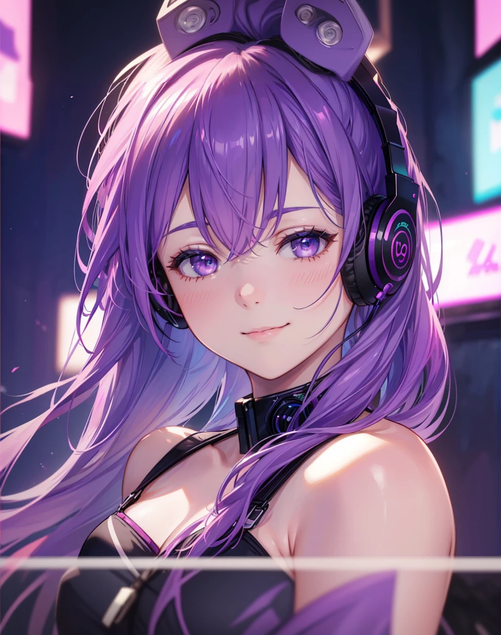 anime girl with headphones and purple hair in a city, anime style 4 k, best anime 4k konachan wallpaper, nightcore, anime wallpaper 4 k, anime wallpaper 4k, anime art wallpaper 4k, anime art wallpaper 4 k, anime art wallpaper 8 k, 4k anime wallpaper, seductive anime girl, detailed digital anime art, anime style. 8k