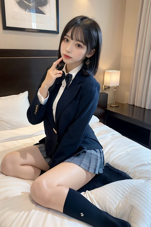 (8k, RAW Photos, Highest quality, masterpiece:1.2), masterpiece, super detailed, super high quality, (Realistic and photorealistic photography:1. 37), High-resolution RAW color photos, Very delicate and beautiful, highly detailed, 8k wallpaper, wonderful, detailed, Very eye, very detailed, very detailed skin, very thin fingers, very detailed nose, very detailed mouth, Perfect Anatomy, break, (1 girl, Of Japanese:1.2), Huge boobs, (Short Bob Hair:1.1), Black hair color, Huge breasts, Very big round breasts, Beautiful Makeup, Glitter makeup, Big Natural Color Lip, Perfect figure, Crying a little, Beautiful feet, Beautiful feet, Voluptuous thighs, break, Schoolgirl uniform, blazer, Super Short Check Uniform Skirt, Navy blue knee-high socks, break, The background is a room in a luxury hotel
